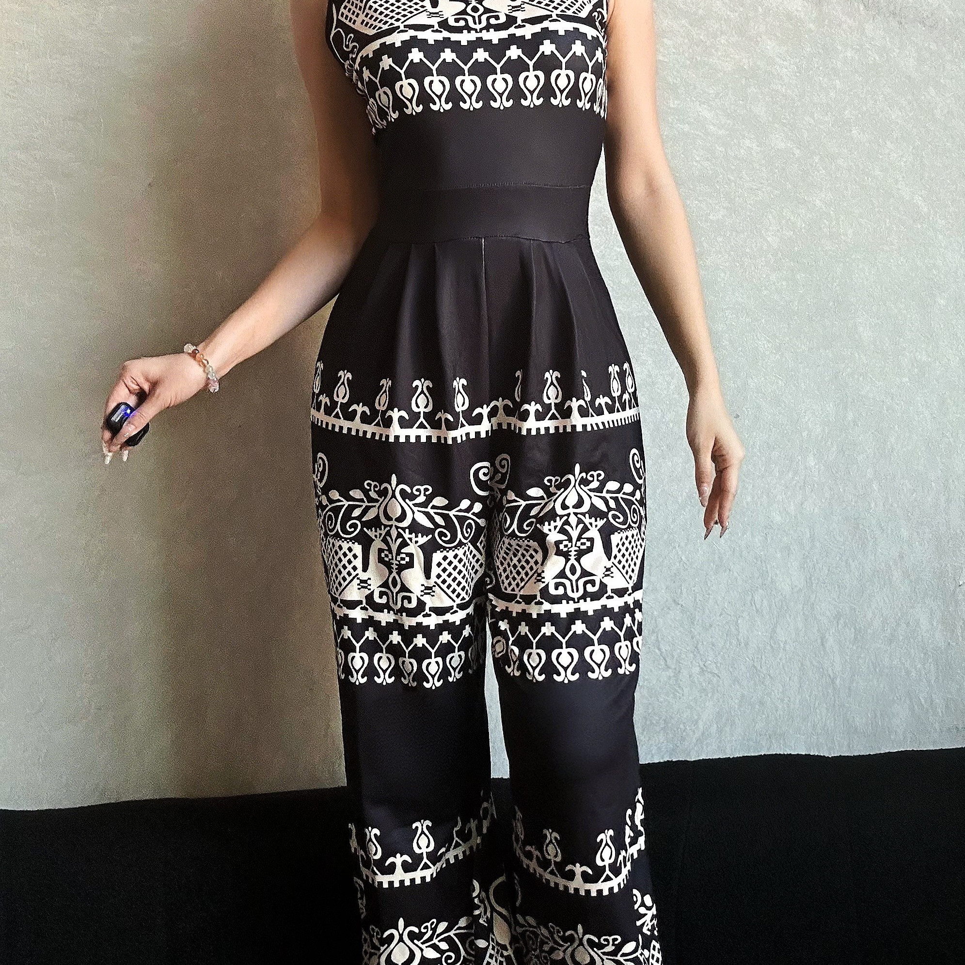 

Geo Print Wide Leg Jumpsuit, Sleeveless Jumpsuit For , Women's Clothing