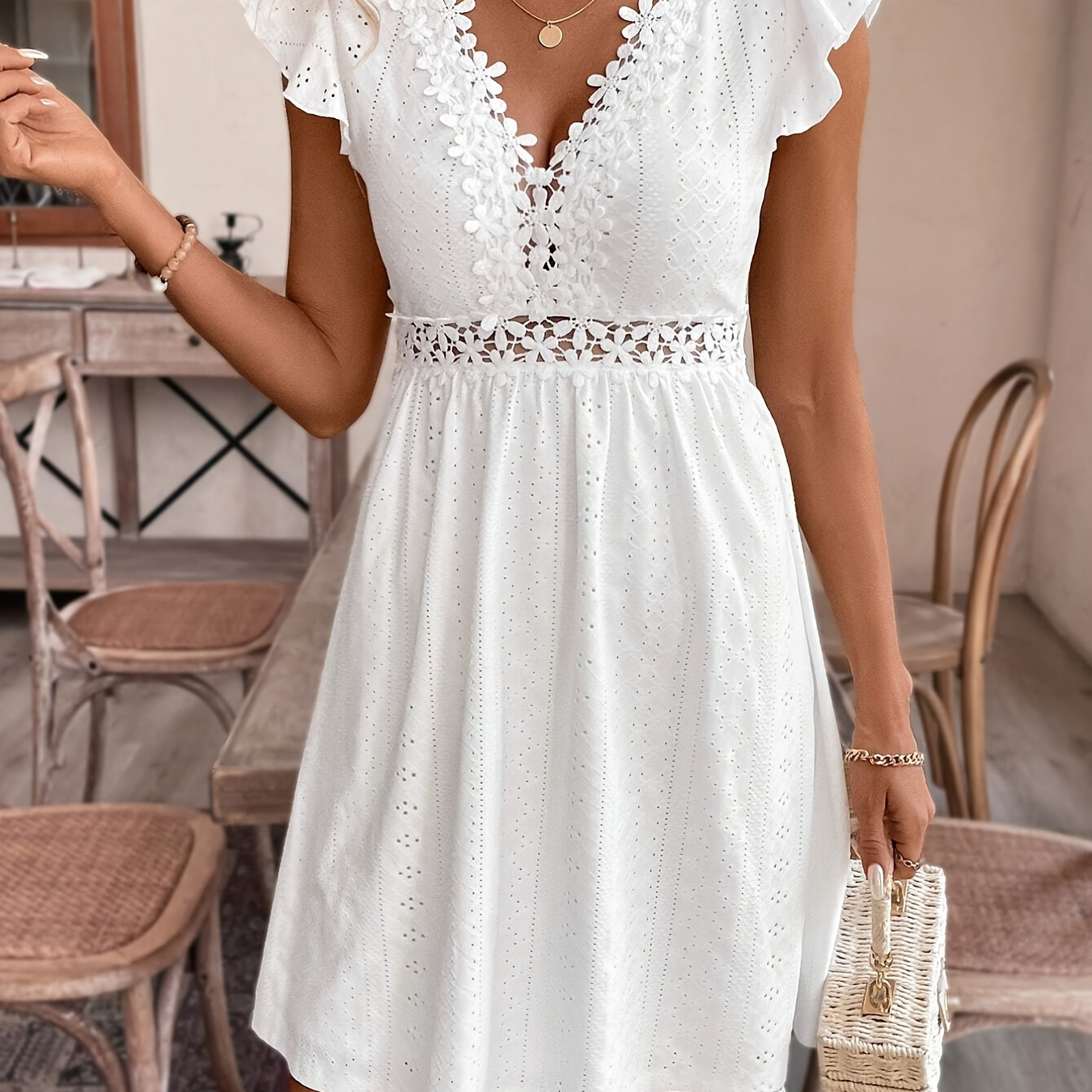 

Lace Trim V-neck Dress, Vacation Style Ruffle Sleeve A-line Dress For Spring & Summer, Women's Clothing