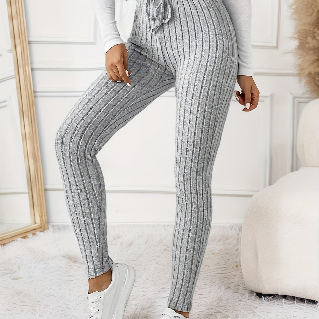 

Solid Color Skinny Ribbed Knit Pants, Casual Drawstring High Waist Tight Fit Pants For Spring & Fall, Women's Clothing