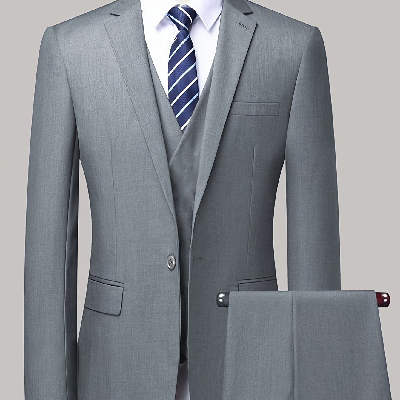 

Men's Elegant Gray Suit Set - Business Casual Blazer & Dress Pants, Polyester/viscose , Non-stretch Fabric, Solid Color With Pockets