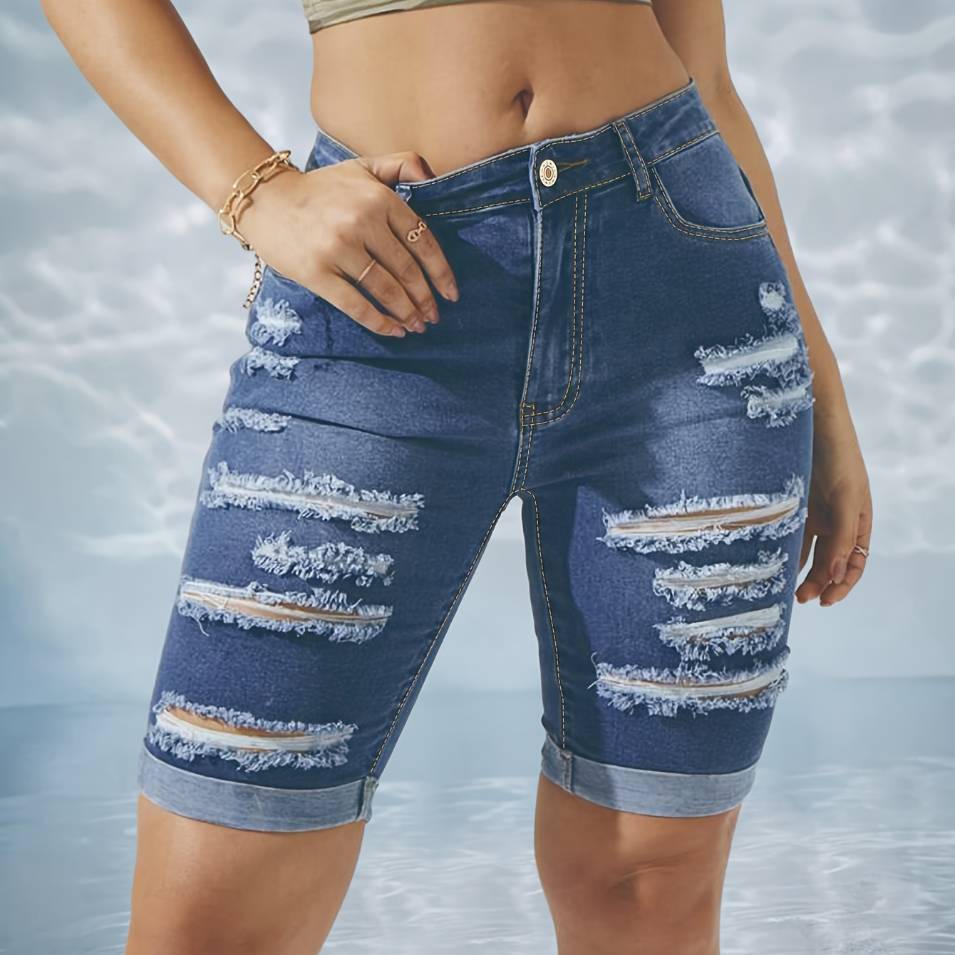 

Ripped Roll Up Hem Bermuda Denim Shorts, Distressed Slash Pocket High Stretch Cuffed Denim Shorts, Women's Denim Jeans & Clothing