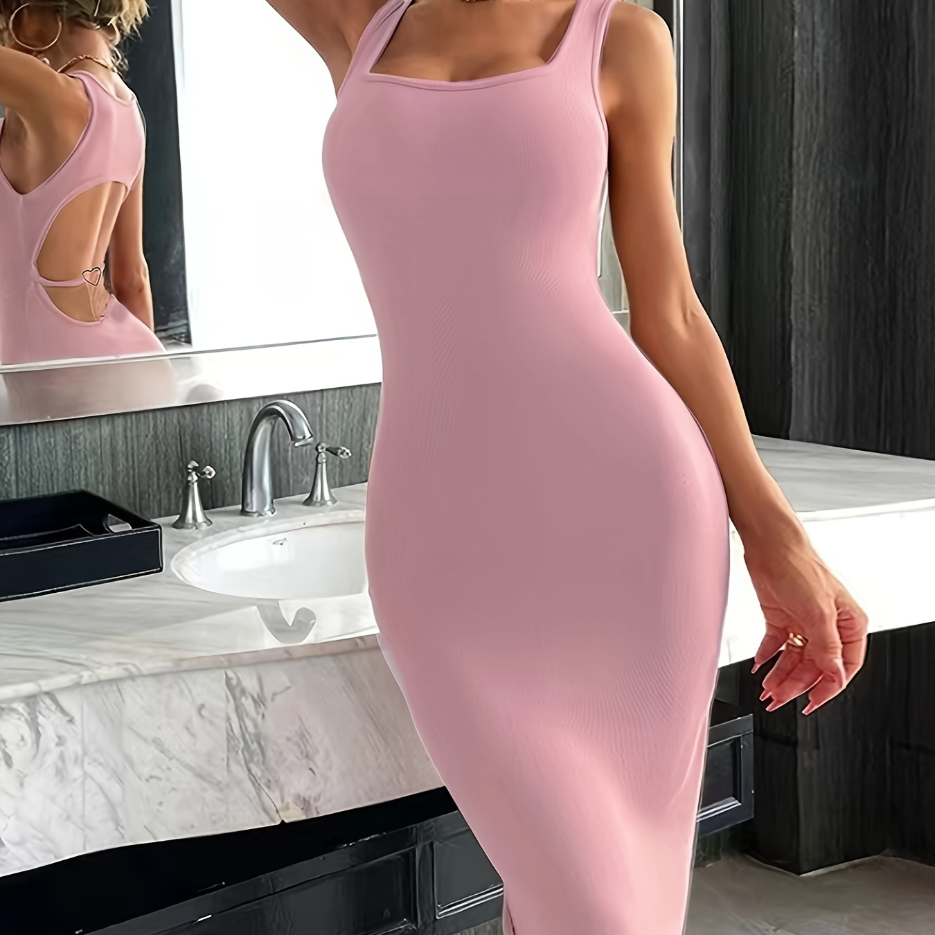 

Backless Wide Strap Bodycon Split Hem Dress, Elegant Square Neck Sleeveless Cami Dress For Spring & Summer, Women's Clothing