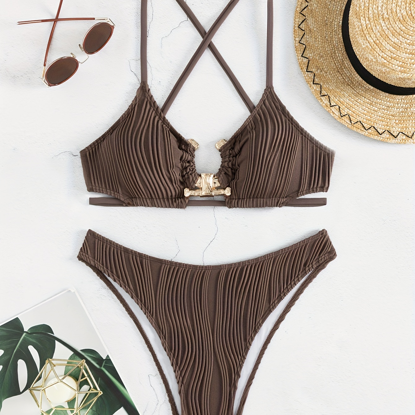 

Ruched Texture 2 Piece Set Bikini, Criss Cross Solid Brown Stretchy Hollow Out Swimsuits, Women's Swimwear & Clothing
