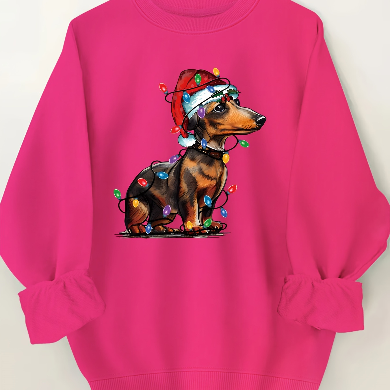 

Festive Dachshund Christmas Lights Print Sweatshirt - 100% Polyester Casual Crew Neck Pullover For Women - All Season Comfort Knit Fabric With Classic Fit