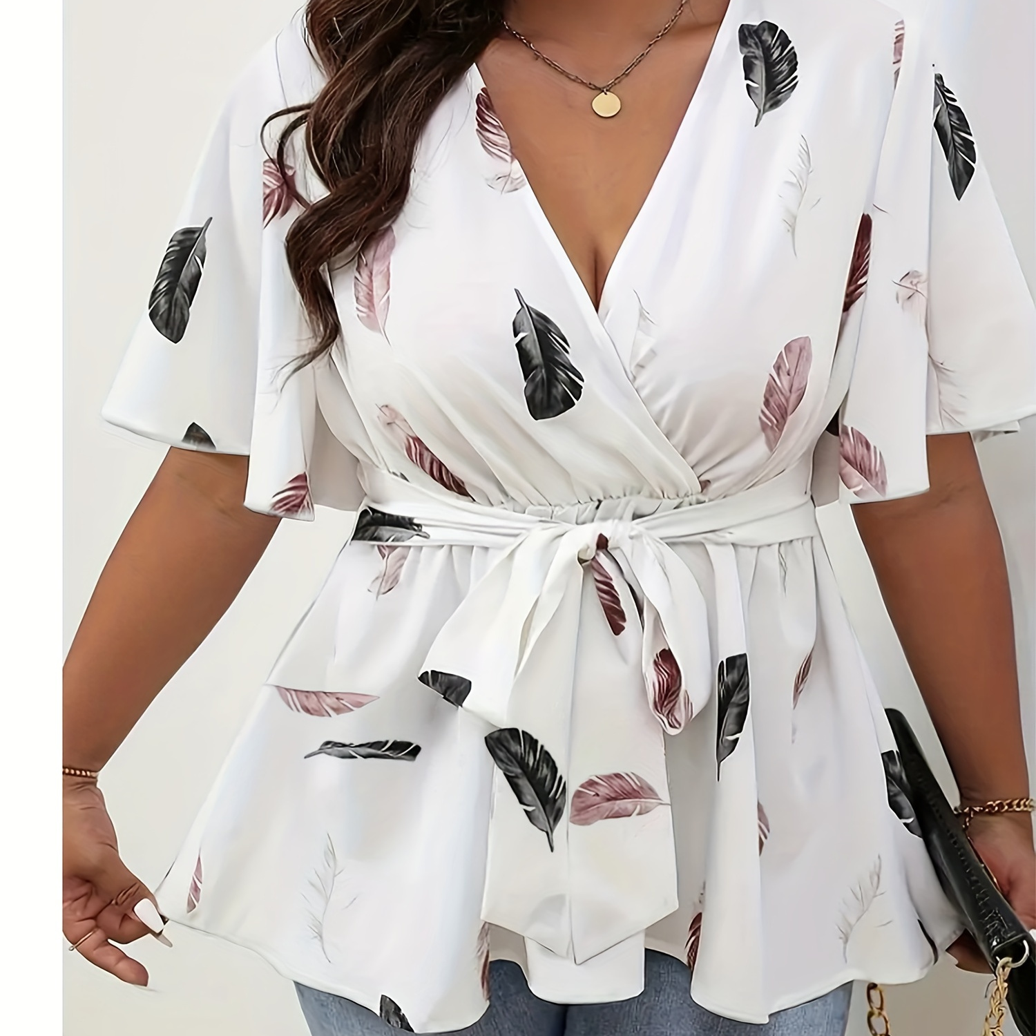 

Plus Size Feathers Print Belted Blouse, Elegant Sleeve Surplice Neck Blouse For , Women's Plus Size Clothing