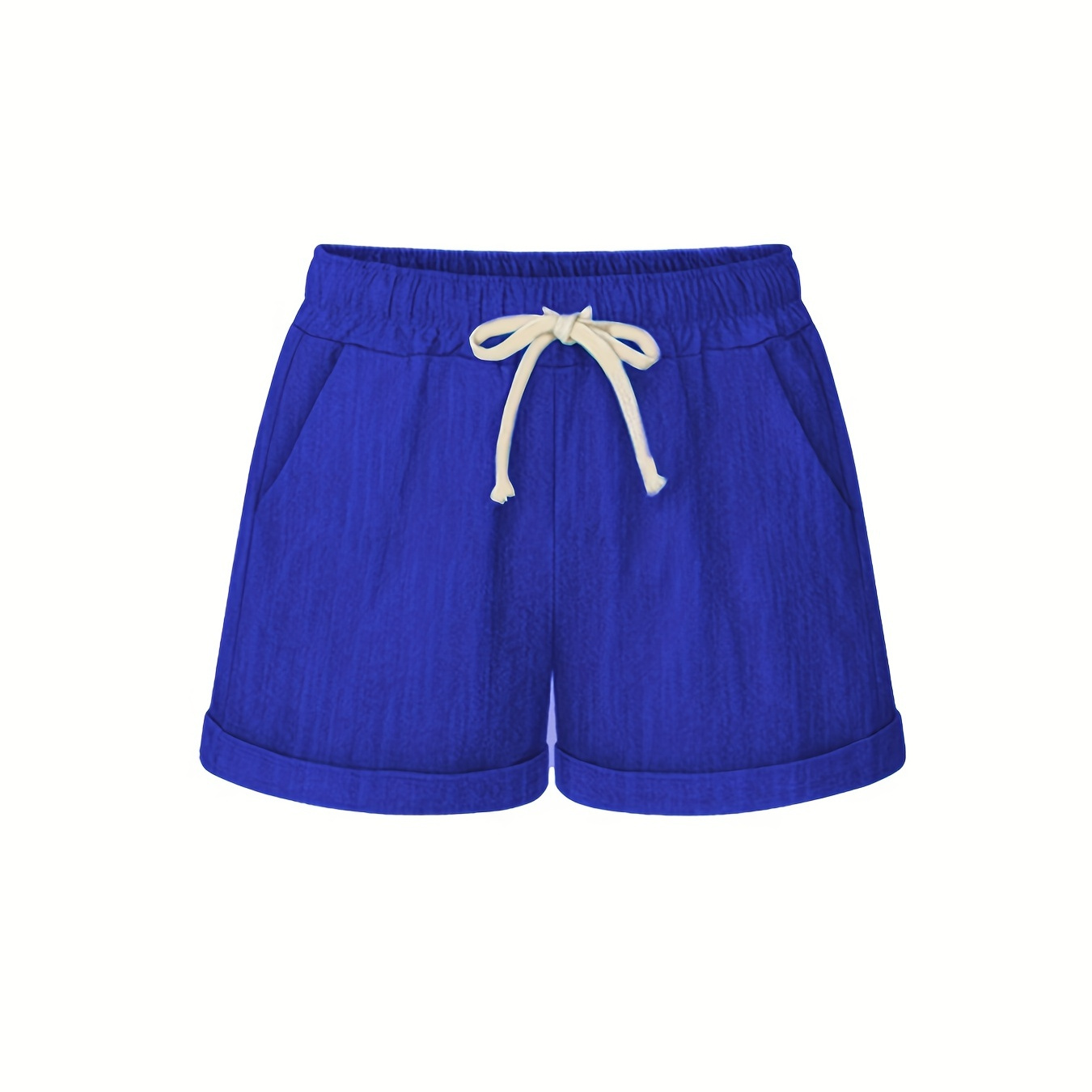 Plus Size Solid Drawstring Elastic Shorts With Pockets, Women's Plus Slight Stretch Casual Shorts