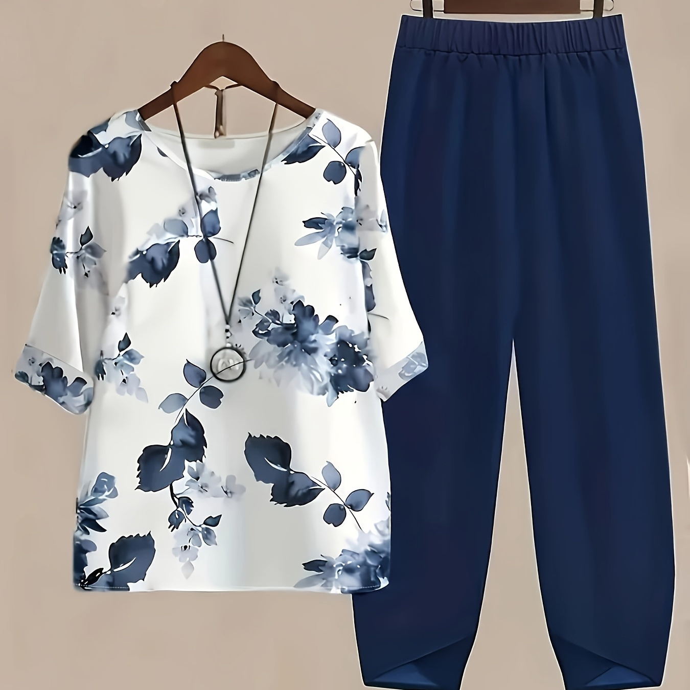 

Women's Floral Print Pants Set With Round Neck Top - Polyester Woven Loose Fit Casual Pants And Blouse Combo For