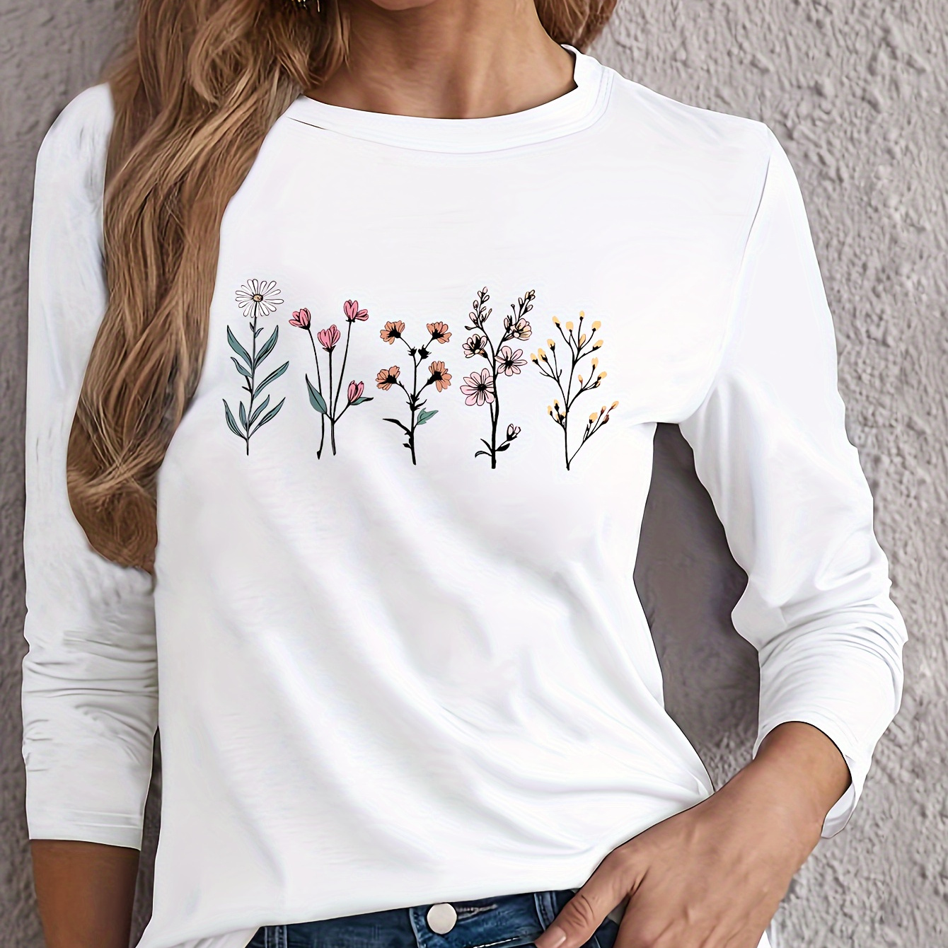

Floral Print T-shirt, Long Sleeve Crew Neck Casual Top For Spring & Fall, Women's Clothing