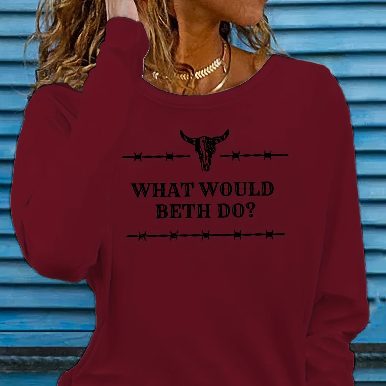 

Casual Polyester Long Sleeve T-shirt With 'what Would Beth Do' Print - Crew Neck, , Knit Fabric With Slight Stretch, Alphabet Applique Design, Pullover Style - Versatile Top