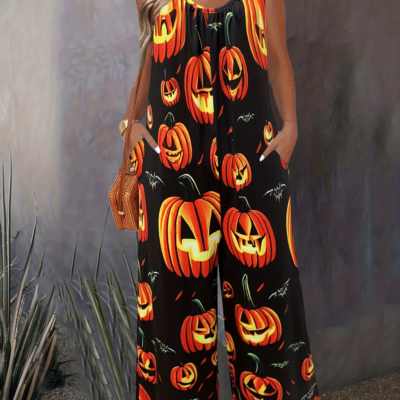 

Plus Size Halloween Casual Jumpsuit, Women's Plus Pumpkin Print Round Neck Wide Leg Cami Jumpsuit With Pockets