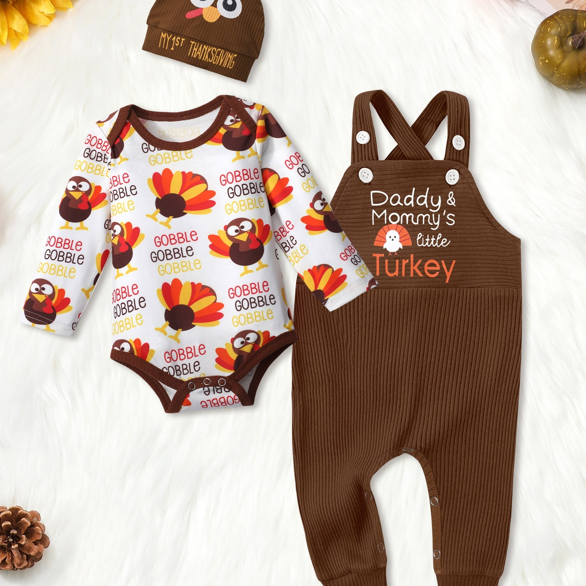 "My First Thanksgiving" Graphic Baby's Outfit, Gentleman Bow Tie Long Sleeve Romper & Turkey Print Pants Set, Festival Gifts