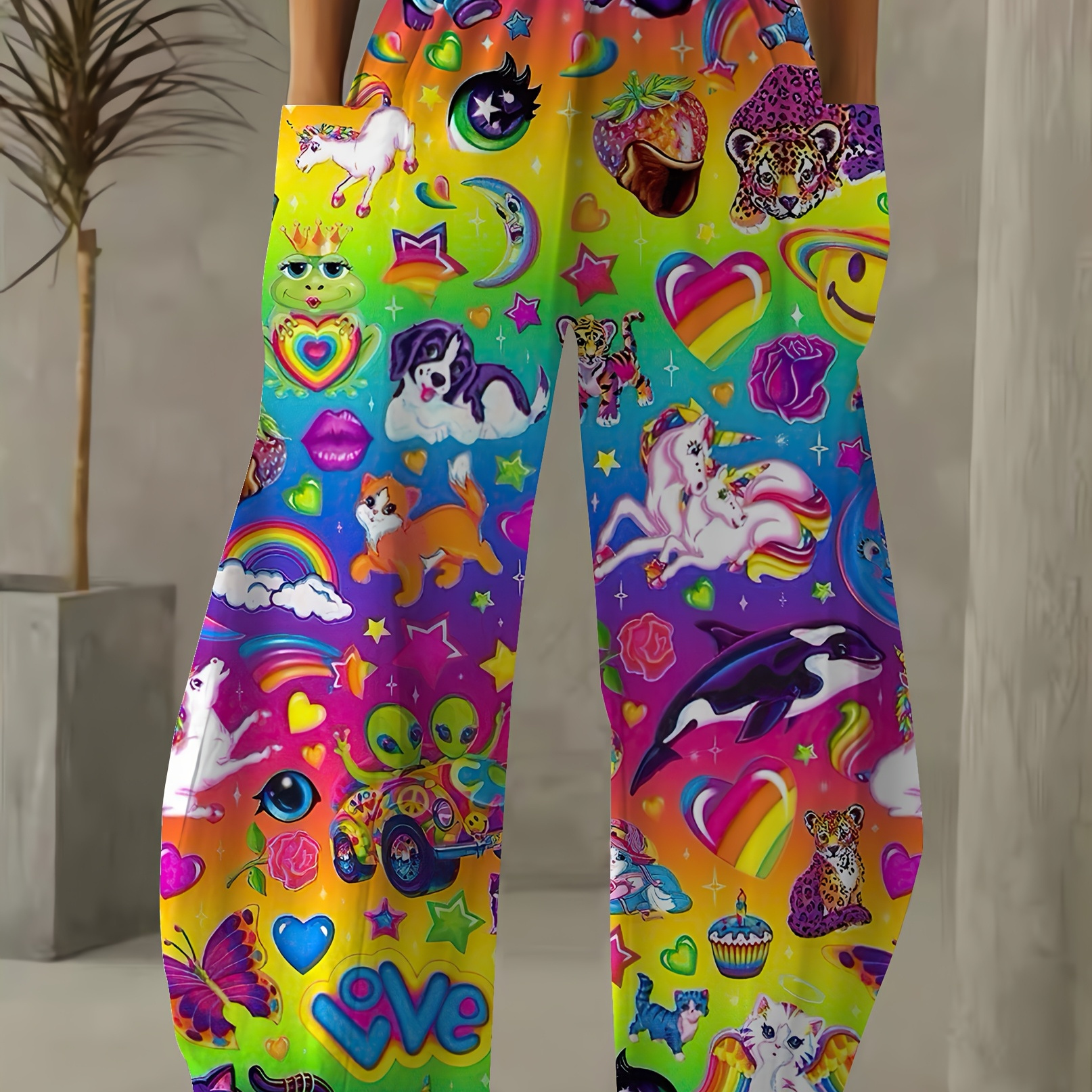 

Cartoon 3d Print Loose Pants, Casual Waist Loose Pants With Pockets, Large Size Women's Clothing