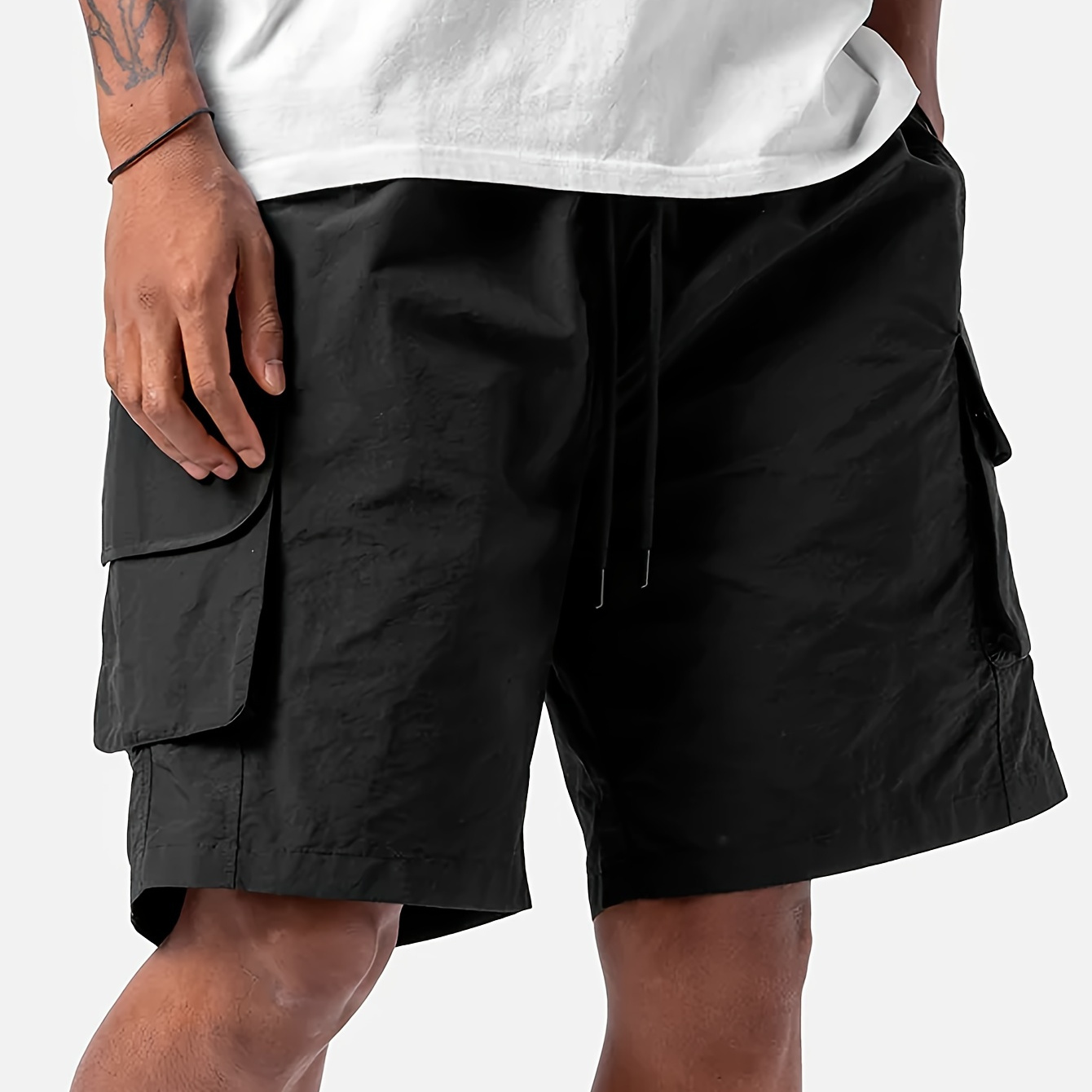 

Solid Color, Men's Cargo Drawstring Pants With Pockets, Loose Casual Waist Trousers, Simple Style Comfy Shorts For Spring Summer Outdoor Fitness Holiday