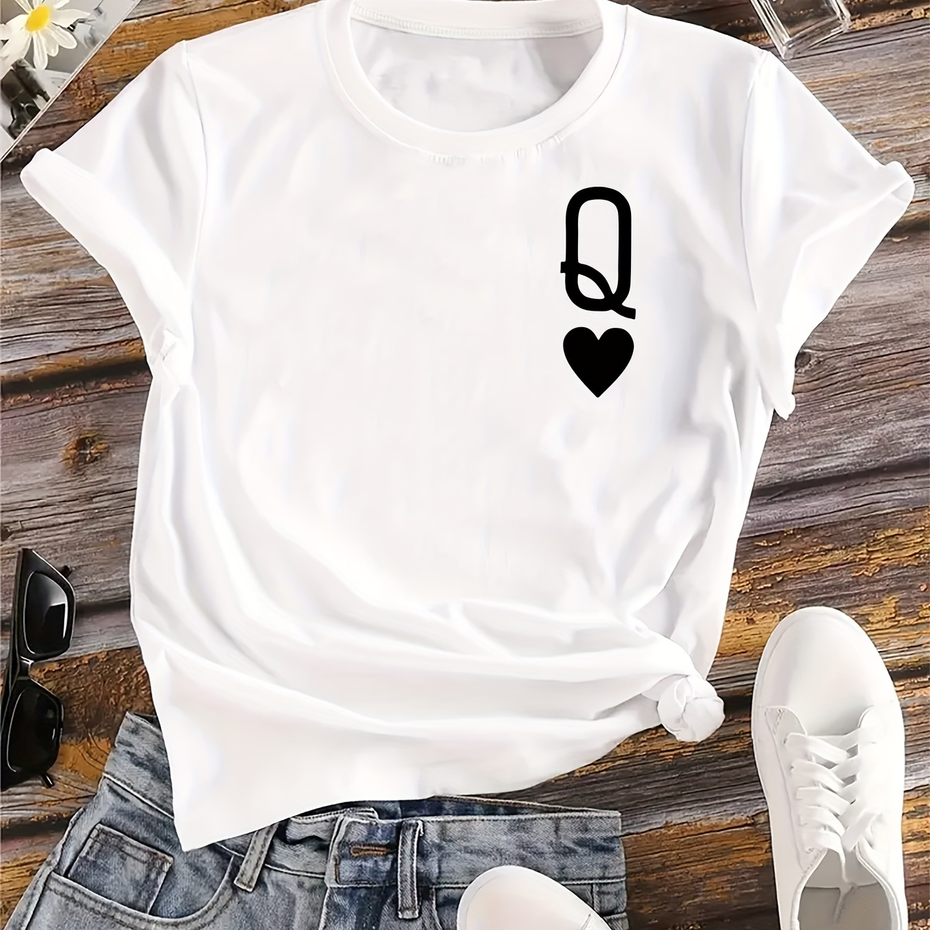 

Plus Size Letter Q Print T-shirt, Casual Short Sleeve Top For Spring & Summer, Women's Plus Size Clothing