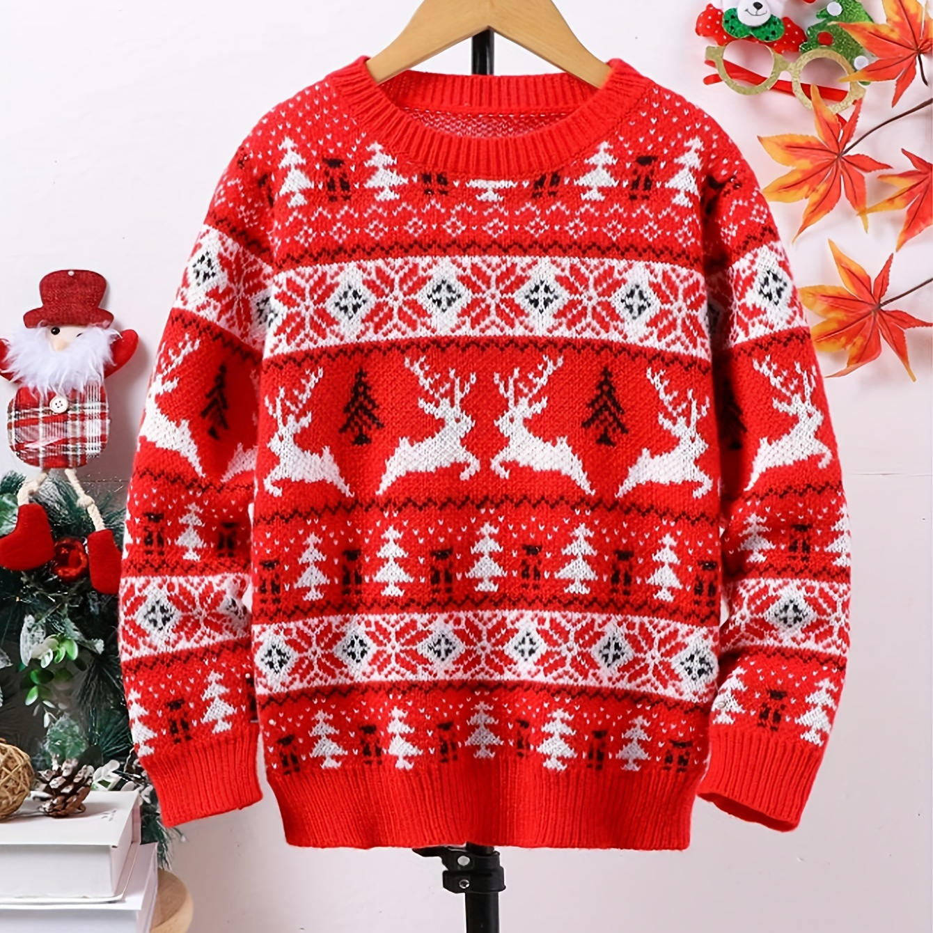 

1pc Men's Christmas Sweater, Holiday Knit Pullover With Reindeer & Tree Pattern, Warm Long Sleeve Round Neck Top For Autumn/winter, Casual Wear