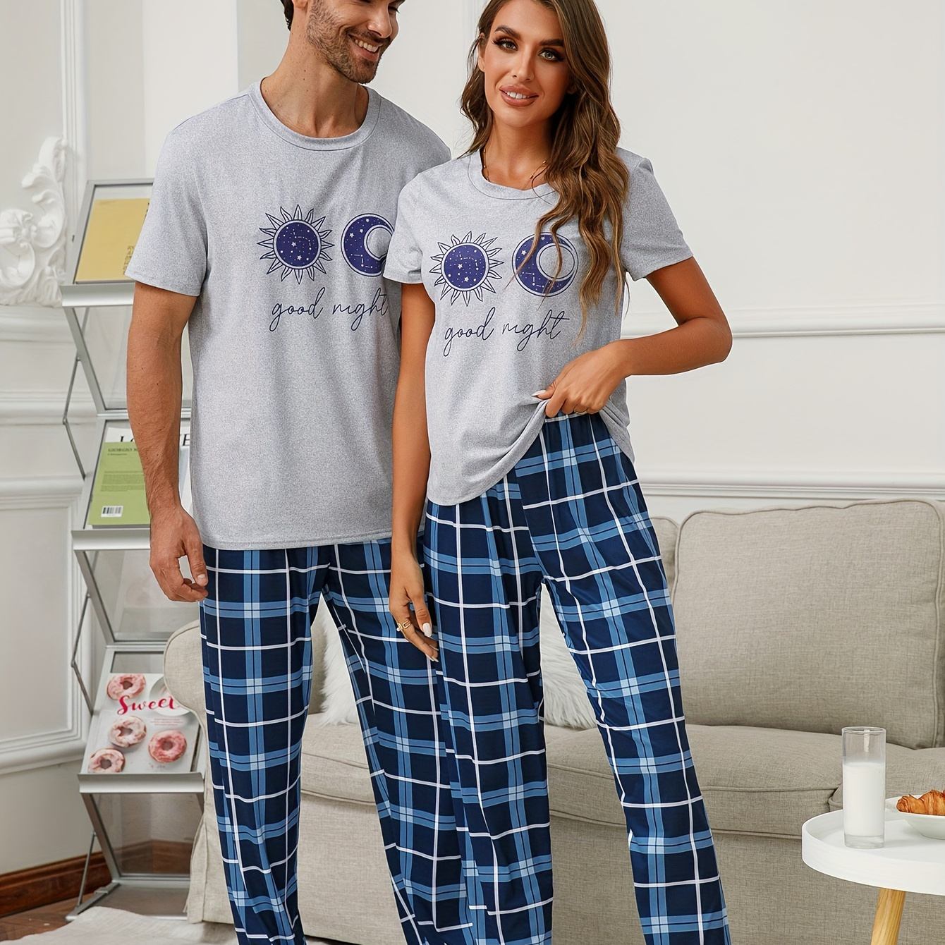 

Men's Simple Style Casual Couple Pajamas Sets, Short Sleeve Crew Neck Top & Loose Checkered Pants Lounge Wear, Outdoor Sets For Spring Autumn, As Valentine's Day Gifts