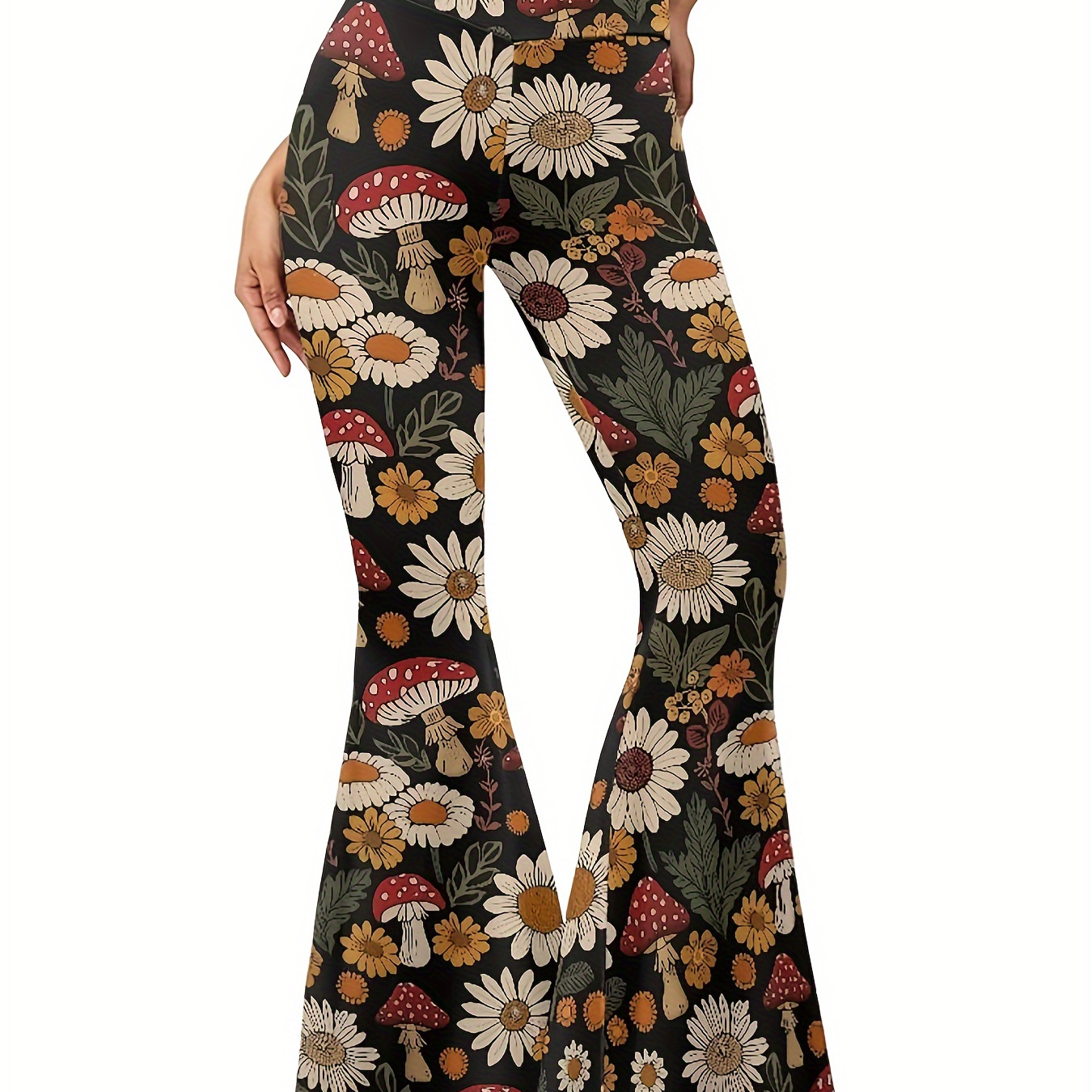 

Floral Mushroom Print Flare Leg Pants, Sexy Skinny High Waist Pants For Spring & Fall, Women's Clothing