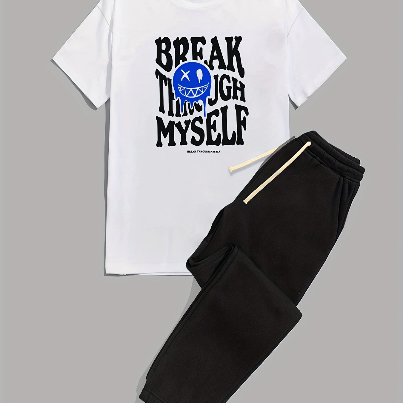 

Break Myself, Men's 2pcs, Short Sleeve Round Neck T-shirt And Drawstring Trousers Set