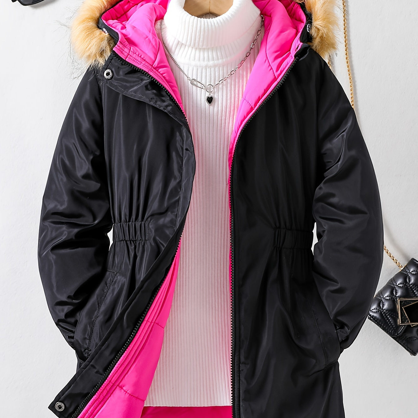 

Girls Waterproof Contrast Lining Cotton-padded Hooded Collar Long Tunic Jacket Coat Parkas For Outdoor, Teen Kids Winter Clothes