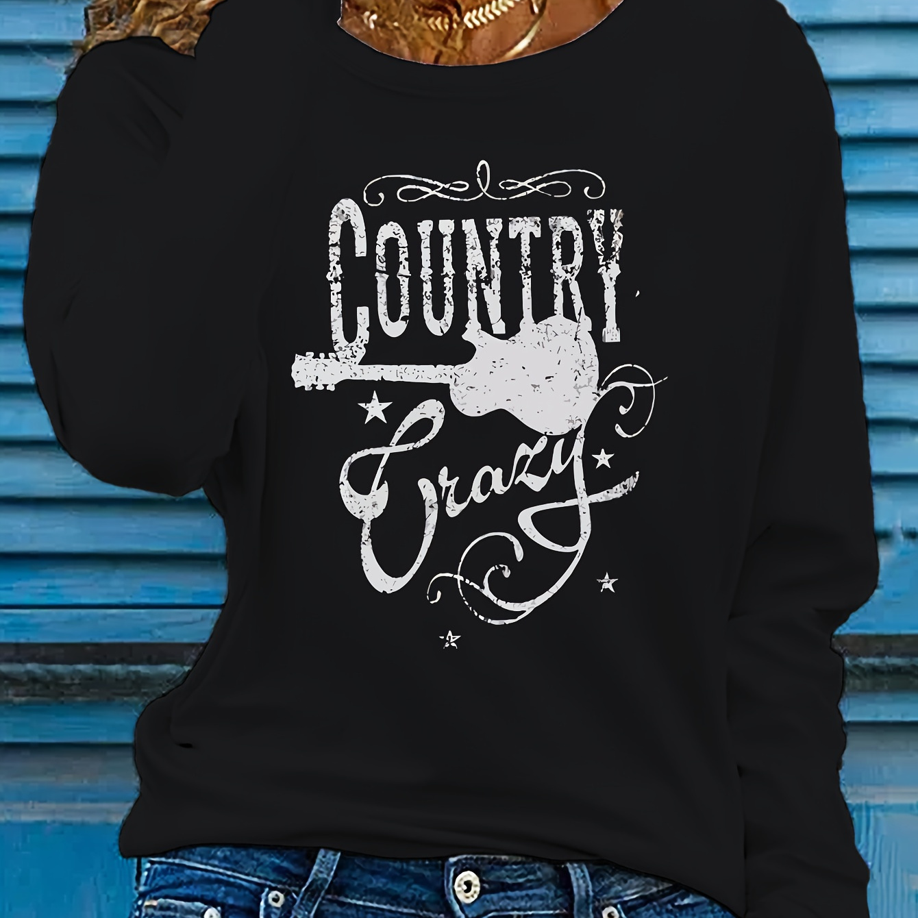 

Women's Casual Long Sleeve Crew Neck T-shirt With "country Crazy" Letter Print, Polyester Knit Fabric, Regular Fit, Applique Detail, Fall/winter Pullovers - 180gsm