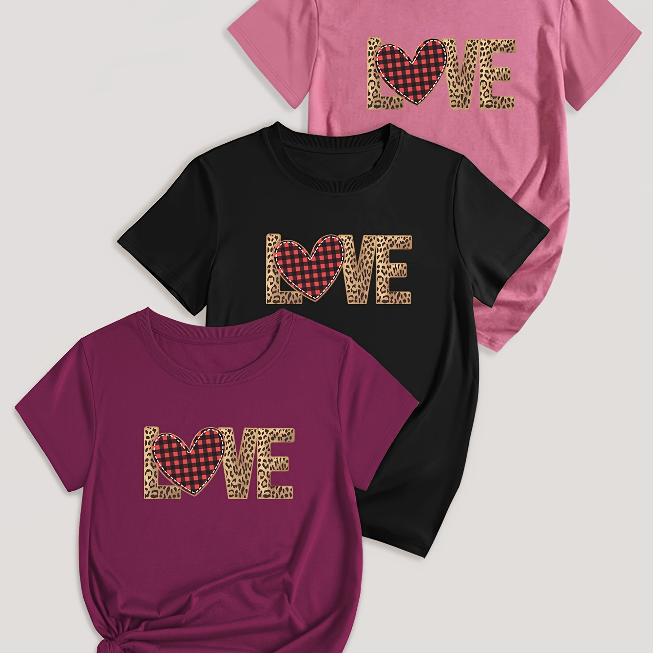 

Love Print T-shirt 3 Pack, Casual Crew Neck Short Sleeve Top For Spring & Summer, Women's Clothing