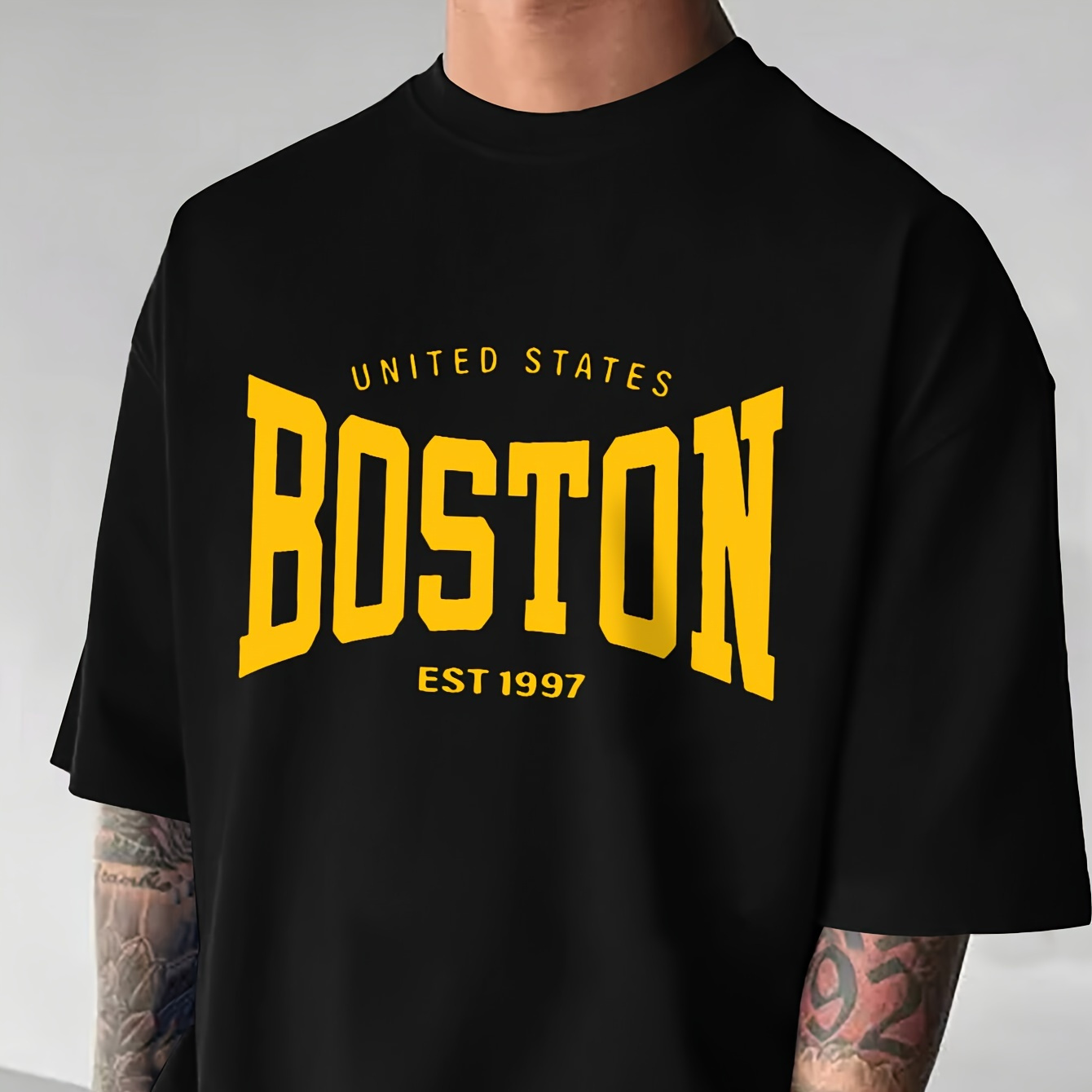 

Men's Crew Neck Graphic T-shirt With Fancy "boston" Print, Summer Short Sleeve Top For Men, Men's Soft And Trendy Comfy Tee
