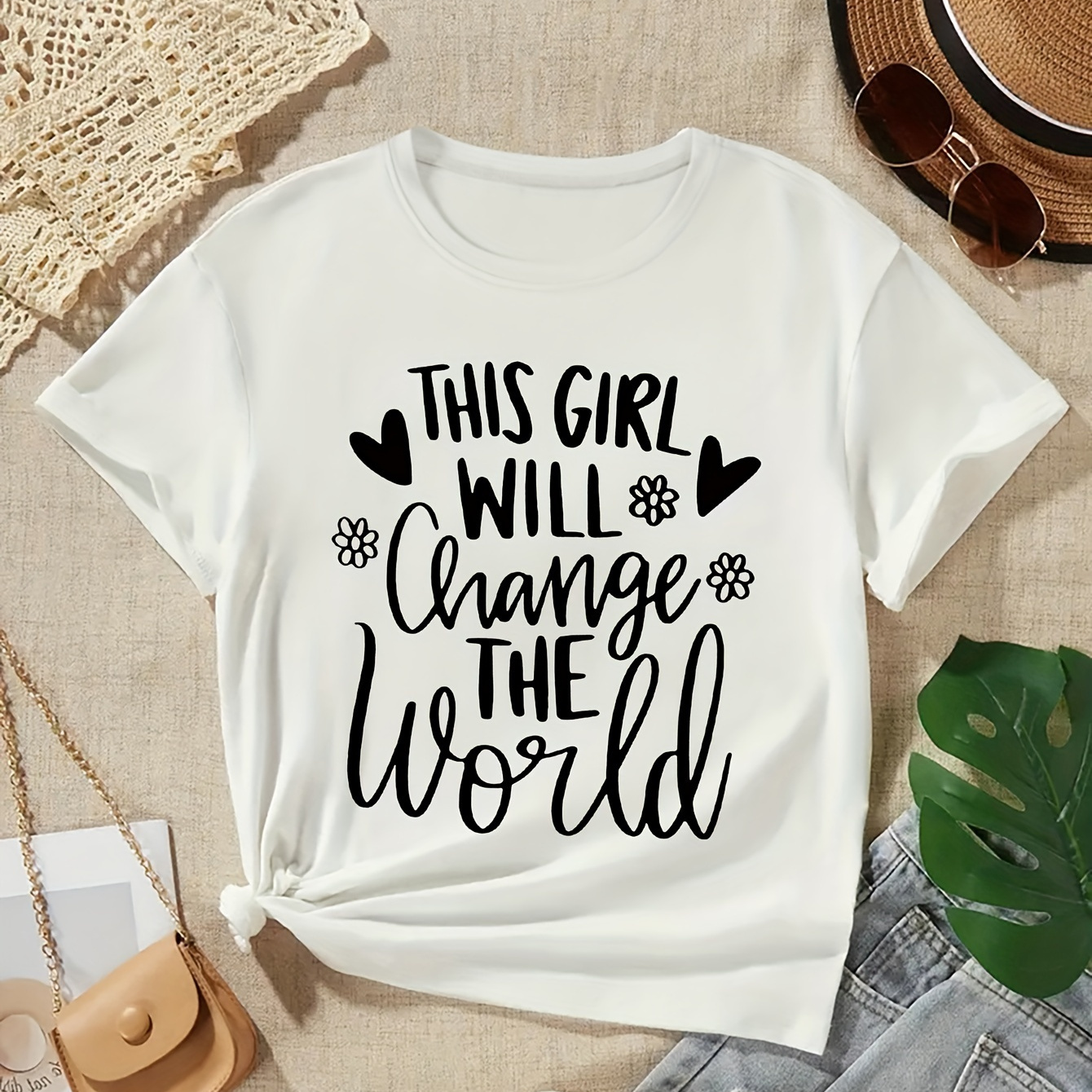 

Letter Print Casual T-shirts, Soft & Elastic Comfy Crew Neck Short Sleeve Tee, Girl's Summer Tops