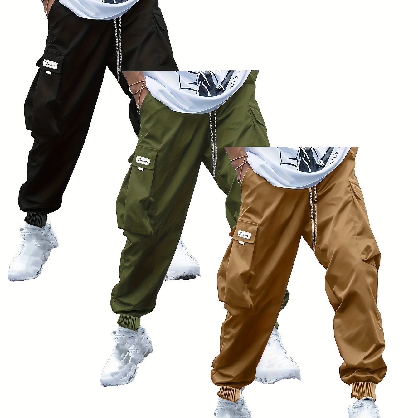 

3pcs Men's Plus Size Solid Color Cargo Pants Set, Sporty And Casual Style, Comfort Fit Trousers