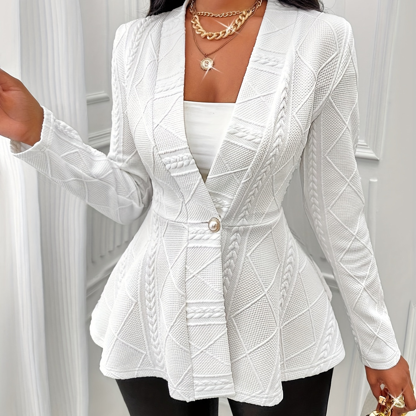 

Textured Beaded Button V-neck Jacket, Elegant Long Sleeve Ruffle Hem Outwear For Spring & Fall, Women's Clothing
