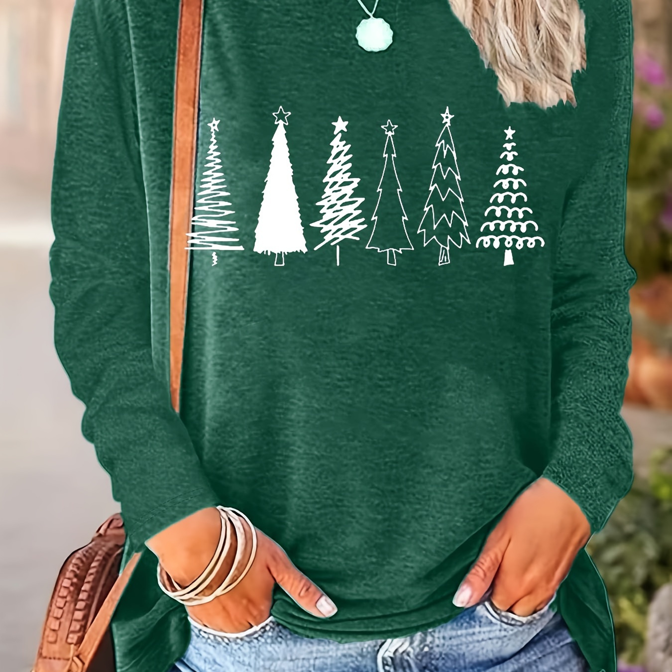 

Plus Size Casual Long Sleeve T-shirt, Crew Neck, Geometric Tree Pattern, Knit Polyester With Rayon And Spandex, Stretch, For Spring/fall