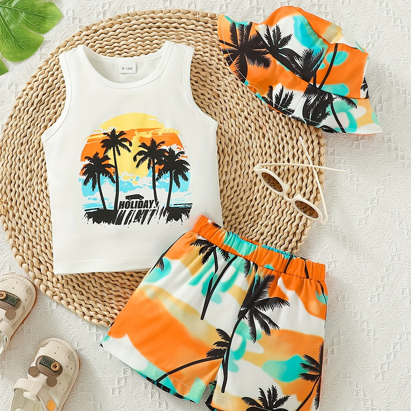 

Baby Boy's 3-piece Set Tropical Palm Beach Print Tank Top + Shorts + Hat, Casual Holiday Style Outfit For Infants