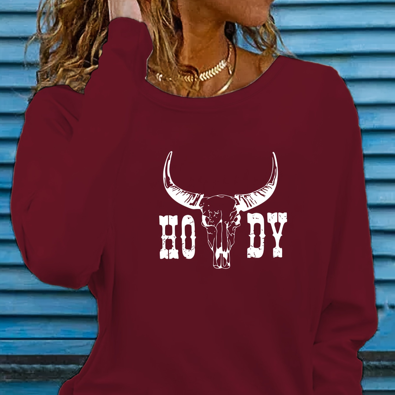 

Cow Head Print T-shirt, Long Sleeve Crew Neck Casual Top For Spring & Fall, Women's Clothing