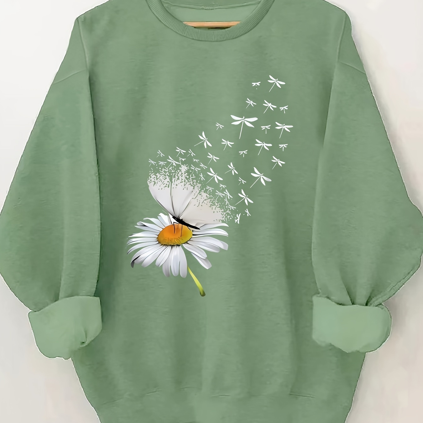 

Daisy Flower Neck Sweatshirt - 100% Polyester Casual Pullover With Knit Fabric For Fall/winter Season - Floral Pattern Long Sleeve Sweater