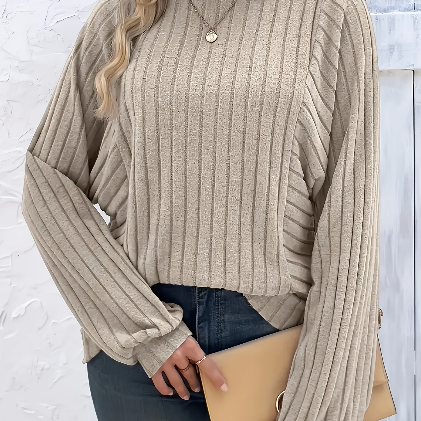 

Solid Color Crew Neck Ribbed Top, Casual Long Lantern Sleeve Top For Spring & Fall, Women's Clothing