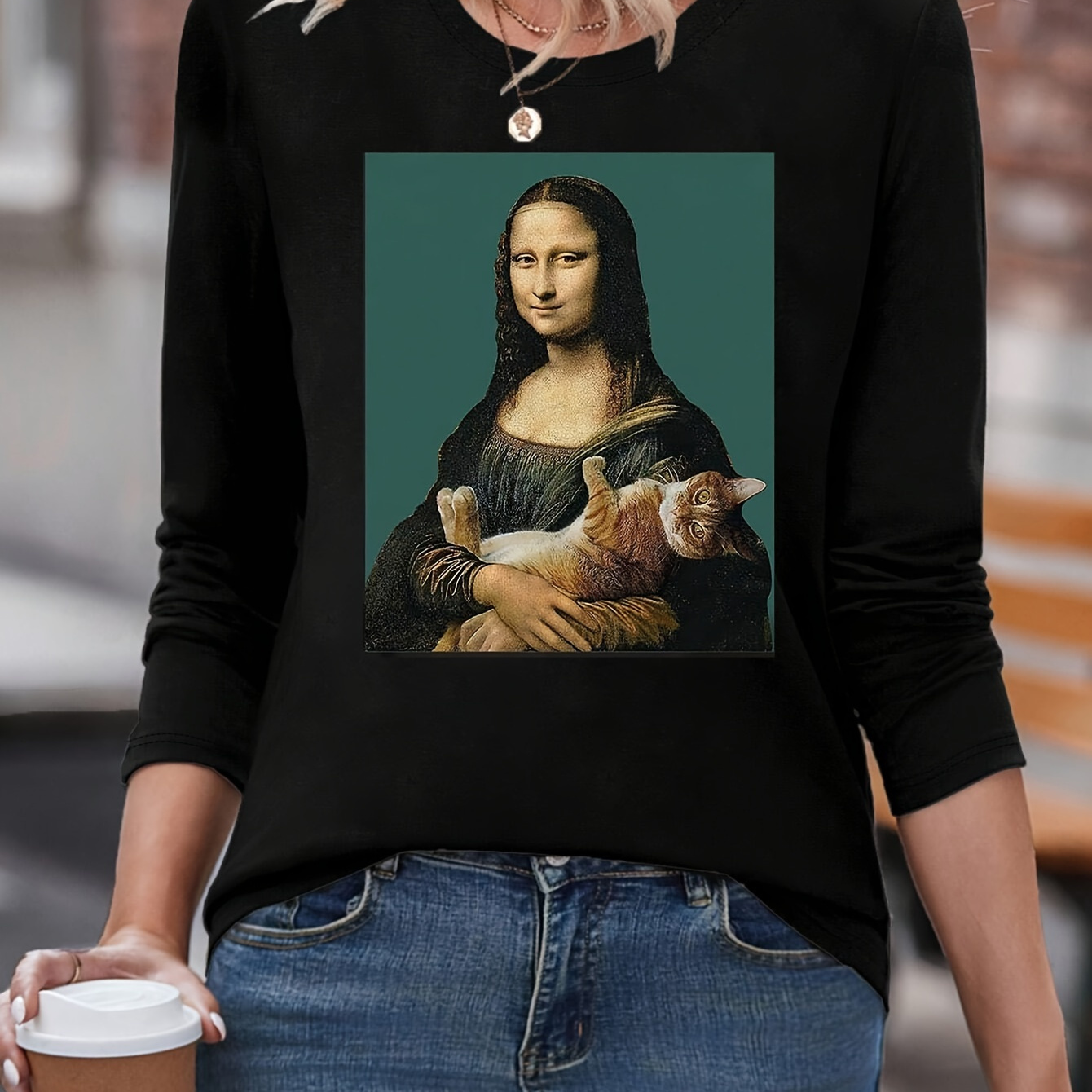 

Mona Lisa Print Crew Neck T-shirt, Casual Long Sleeve T-shirt For Spring & Fall, Women's Clothing