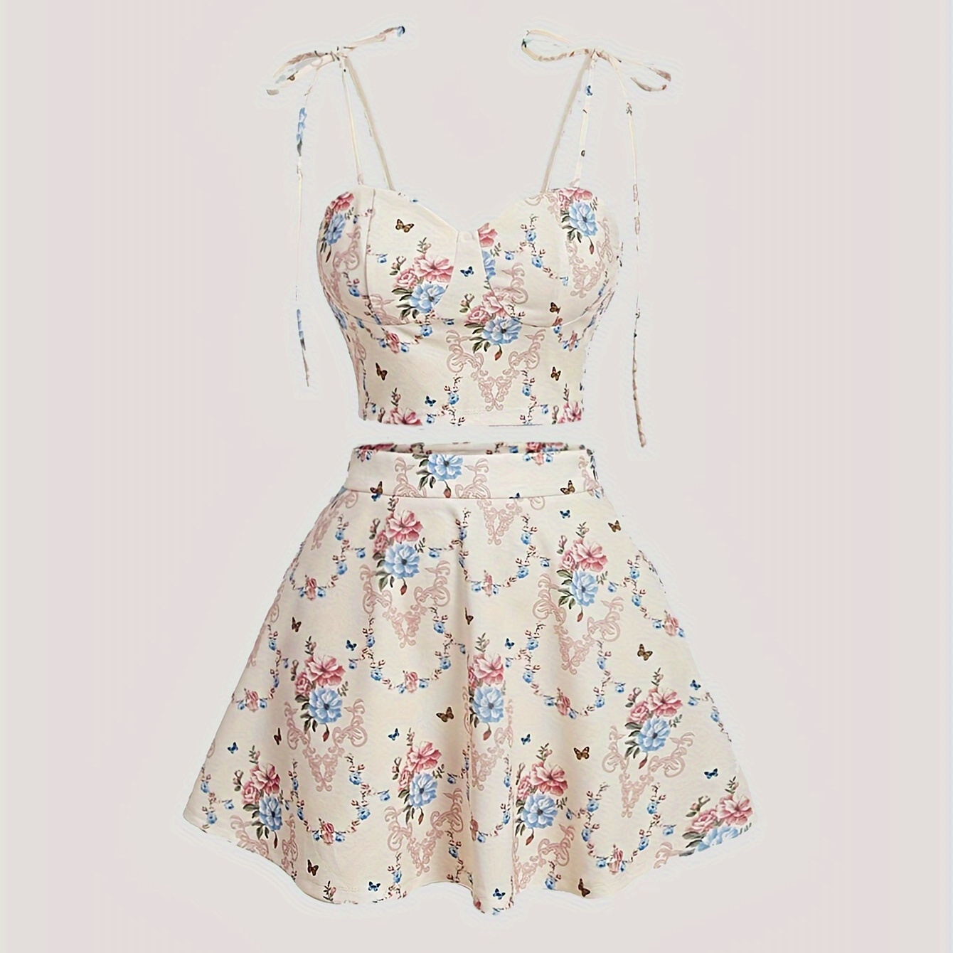 

Sexy Floral Print Two-piece Skirt Set, Crop Cami Top & A Line Skirt Outfits, Women's Clothing
