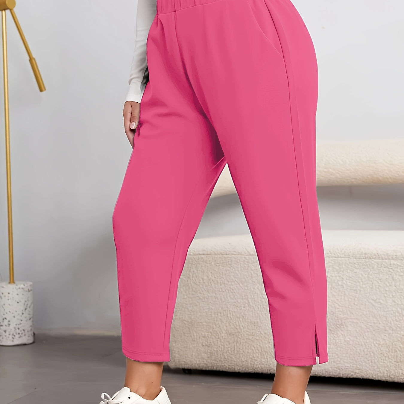 

Plus Size Solid Slit Tapered Pants, Casual Elastic Waist Pants For Spring & Fall, Women's Plus Size Clothing