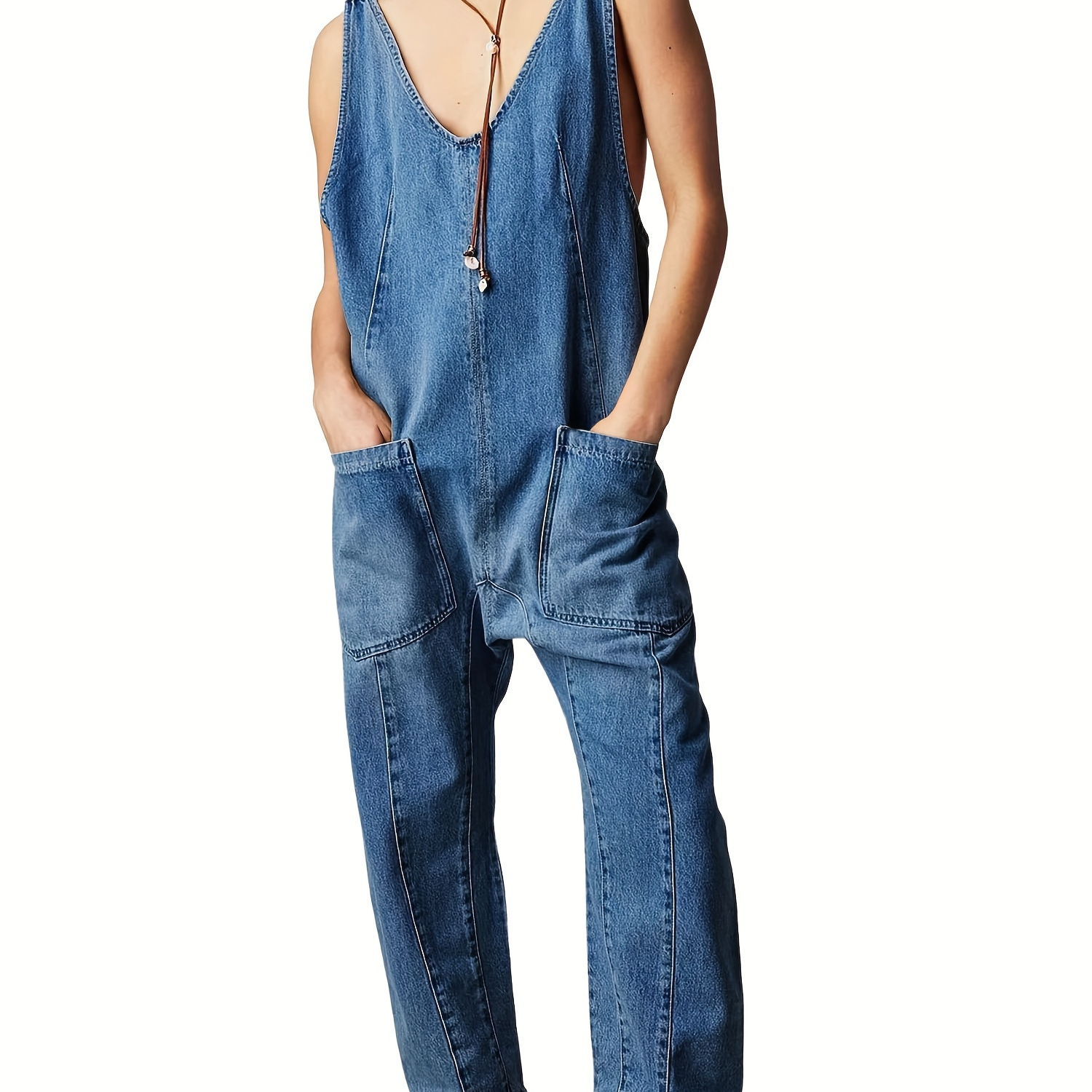 women's denim overalls casual sleeveless v neck jumpsuit - Temu