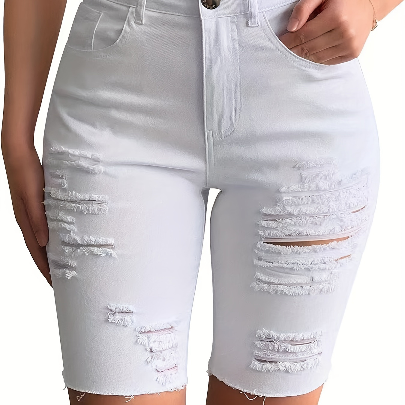 

Ripped Plain White Denim Biker Shorts, High Rise Raw Cut Hem Distressed Stretchy Bermuda Denim Shorts, Women's Denim Jeans & Clothing