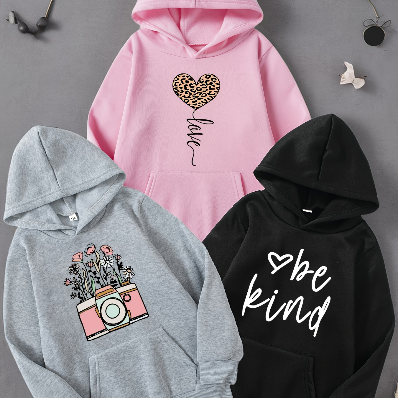 

3-pack Girls' Fashion Hoodies With Cute Prints - Casual Polyester Long Sleeve Hooded Pullovers With Pockets, Stretch Fabric, Regular Fit For Spring/fall - Knit Hoodies For 12 & Under