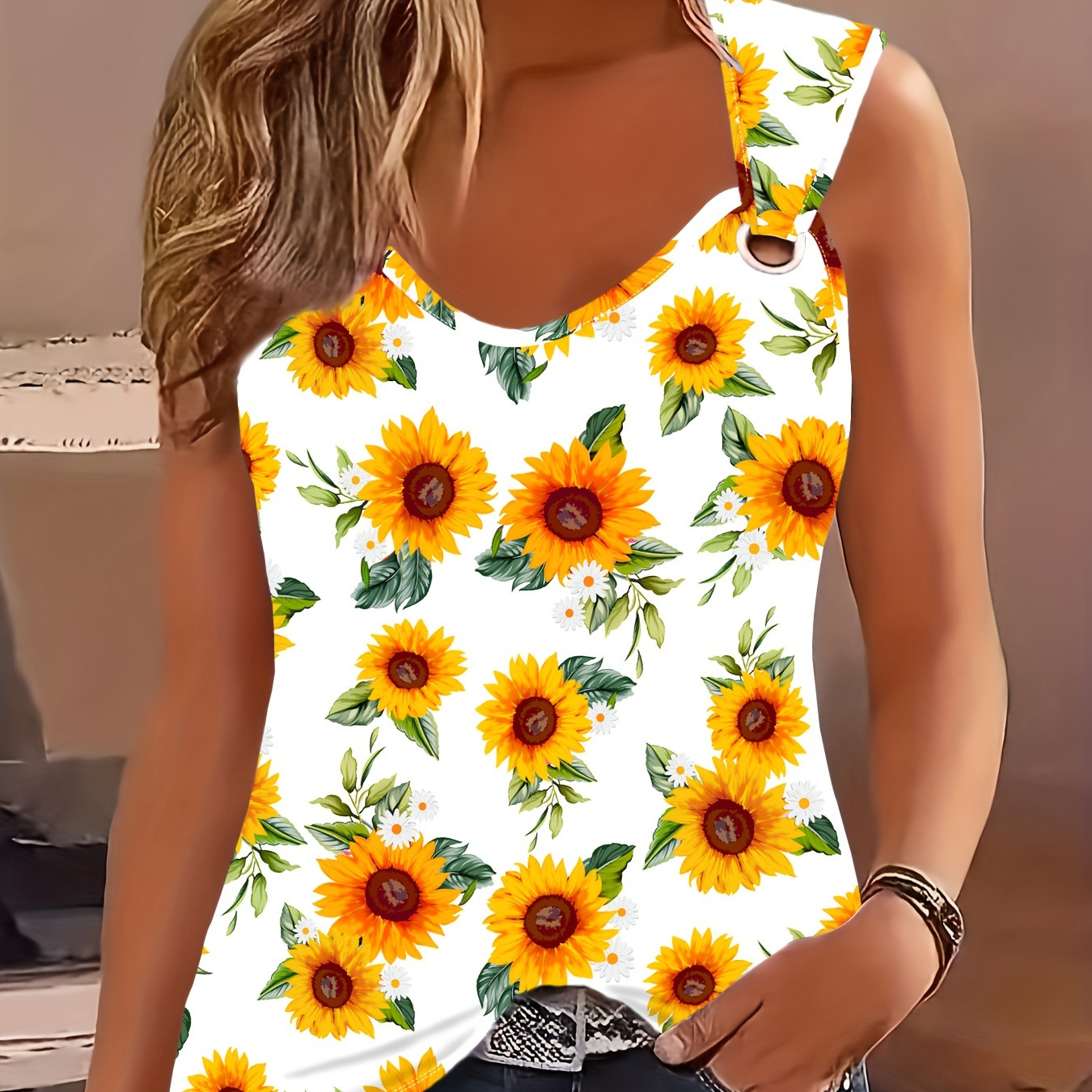 

Floral Print Ring Linked Tank Top, Casual Sleeveless Top For Spring & Summer, Women's Clothing