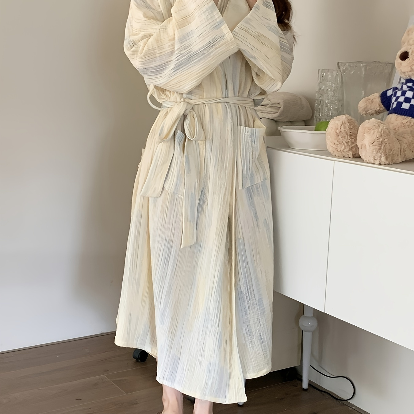 

Women's Ombre Stripe Print Elegant Night Robe, Long Sleeve Surplice Neck Belted Sleep Robe With Pockets, Comfortable Nightgown