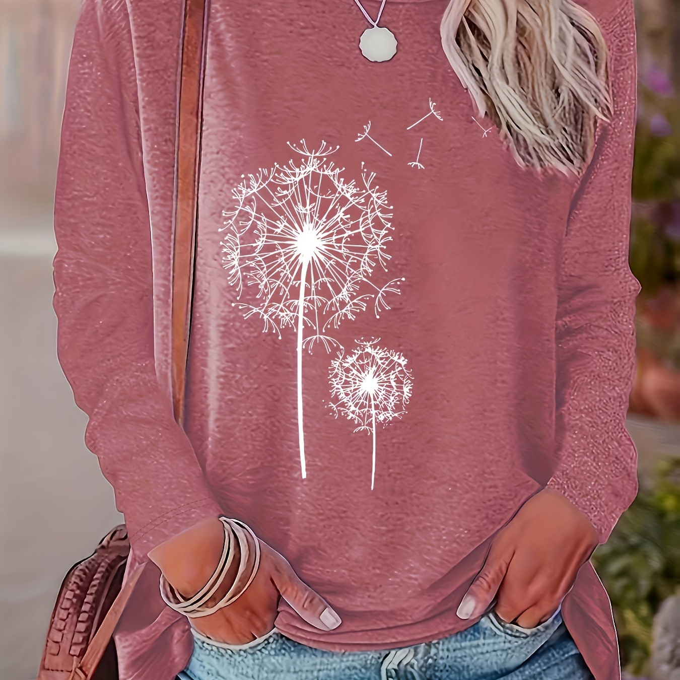 

Women's Casual Long Sleeve T-shirt With Dandelion Print - Soft Cotton Blend, Crew Neck, Machine Washable - Perfect For Spring & Fall