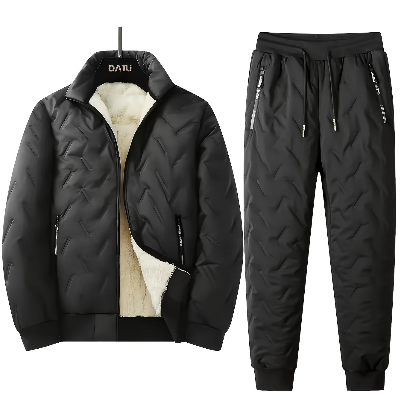 

Men's Winter Fleece-lined Tracksuit Set - , Warm Jacket & Joggers With Pockets, Solid Color, Polyester - Fall/winter