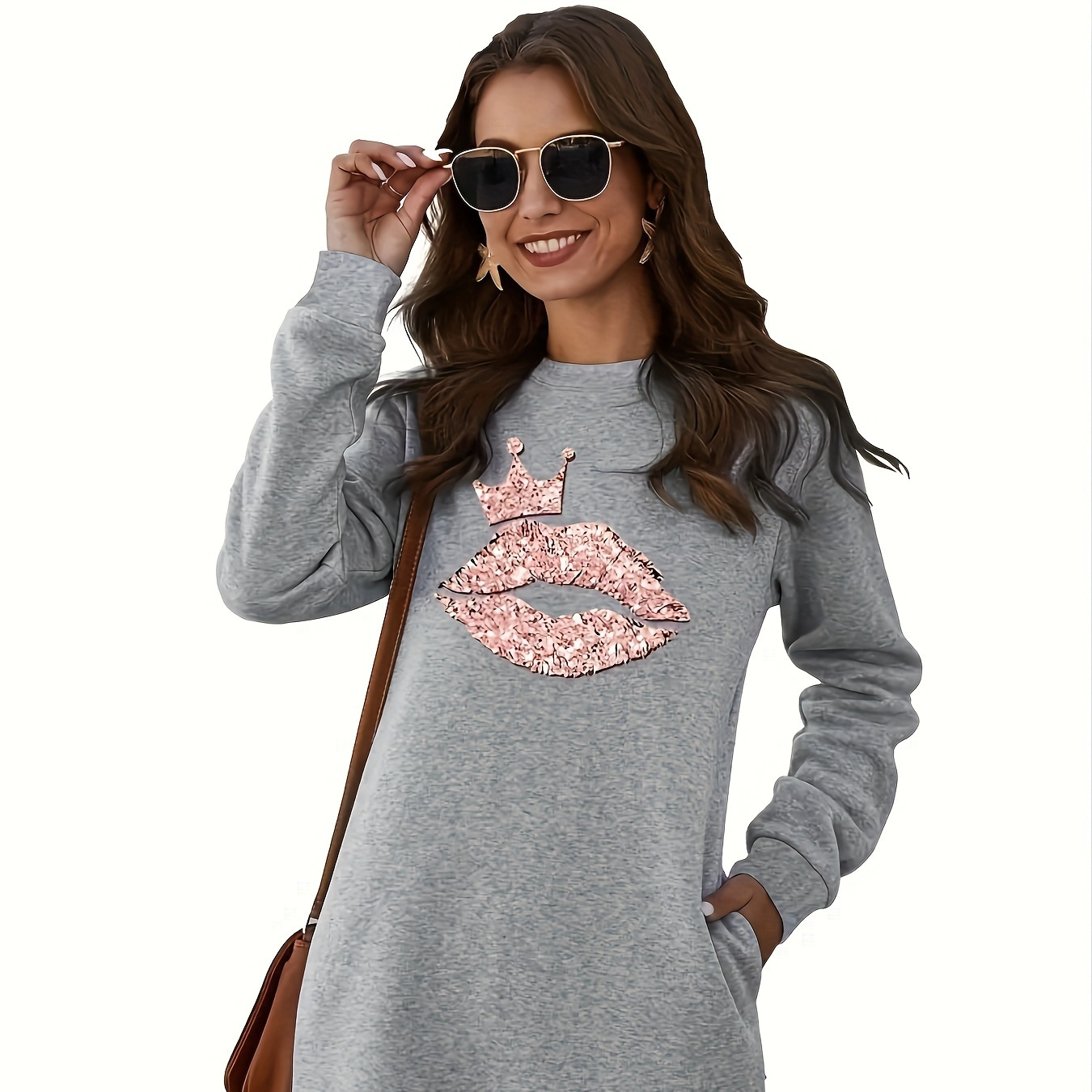 

Lips Print Sweatshirt Dress, Long Sleeve Crew Neck Casual Dress For Winter & Fall, Women's Clothing