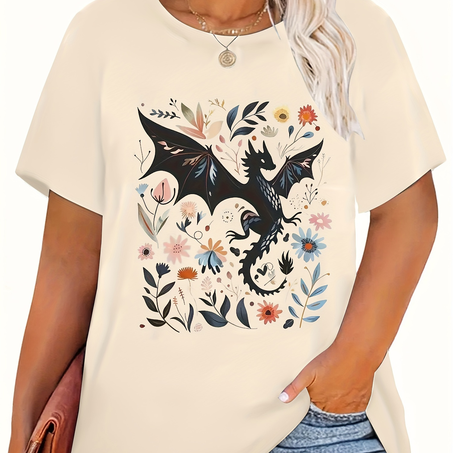 

Plus Size Fantasy Dragon Bookish Print T-shirt, Casual Short Sleeve Top, Women's Plus Size Clothing