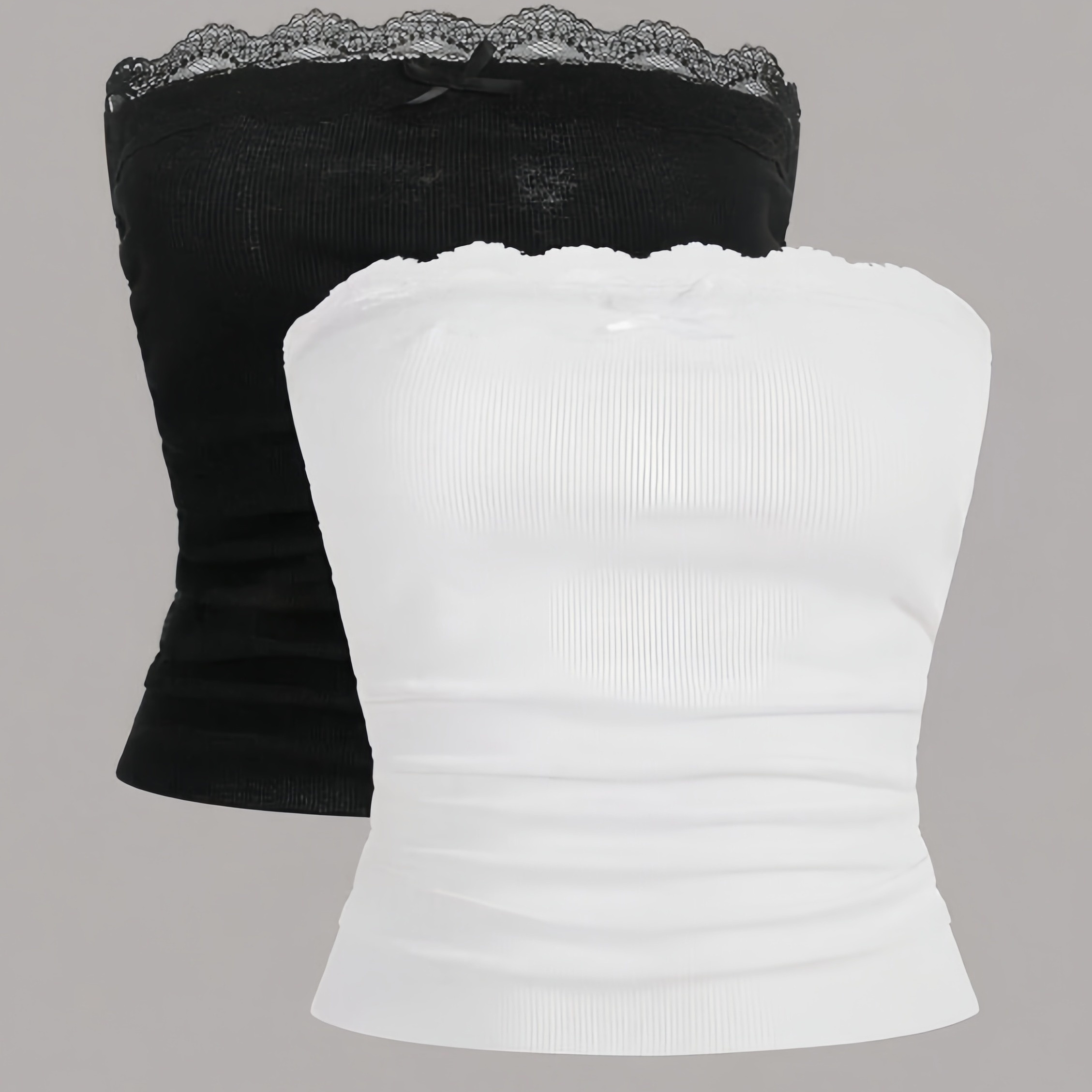 

Lace Trim Tube Top 2 Pack, Versatile Strapless Slim Tube Top For Summer, Women's Clothing