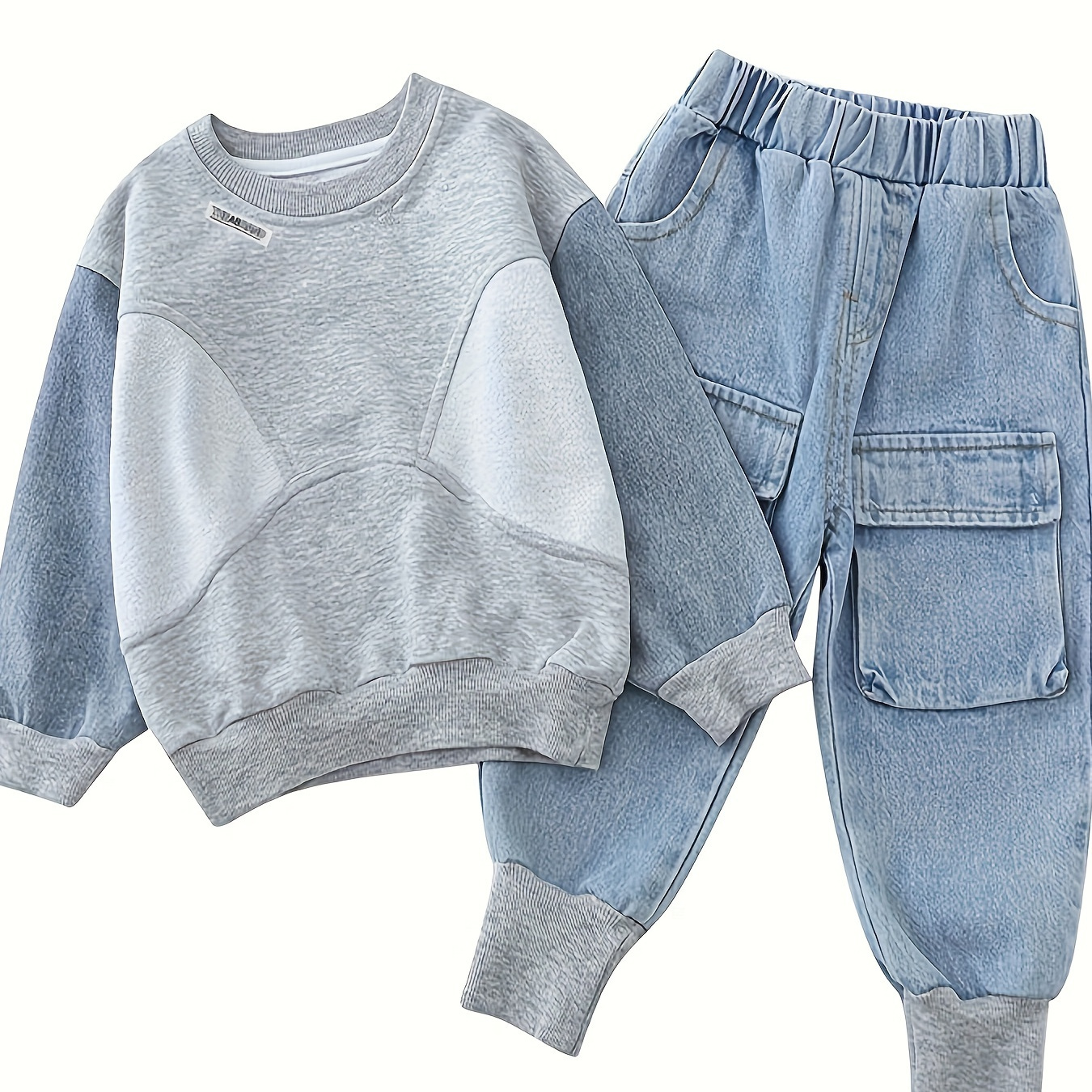 

2pcs 's Splicing Sweatshirt & Patched Pants, Toddler & Infant Boy's Clothing Set For Fall, Cloth