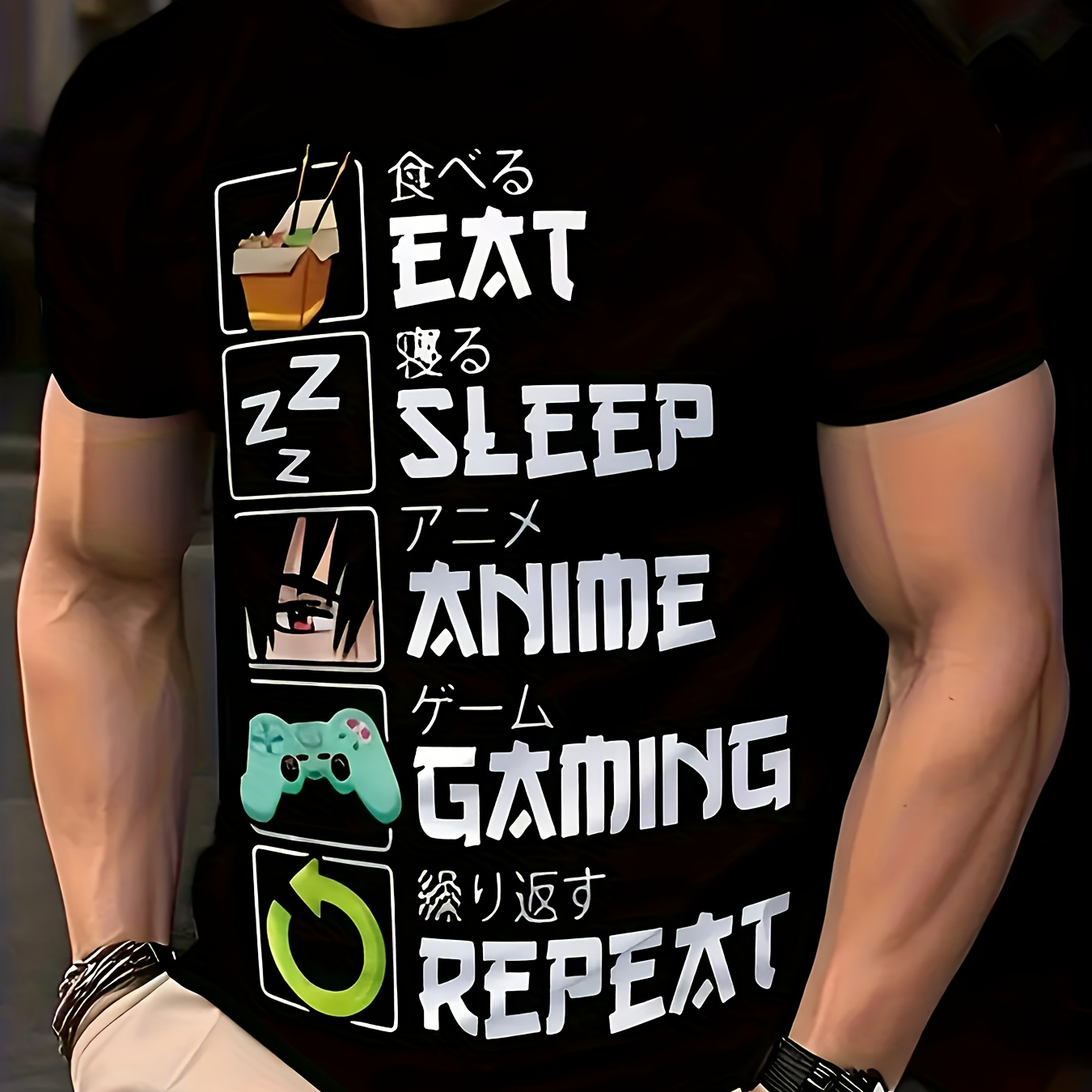 

Men's Summer Casual T-shirt With Unique -inspired 3ds - "eat, Sleep, Anime, Gaming, " Graphic, Crew Neck, Short Sleeve, Polyester, Machine Washable, Breathable Tshirt|casual Wear| Print