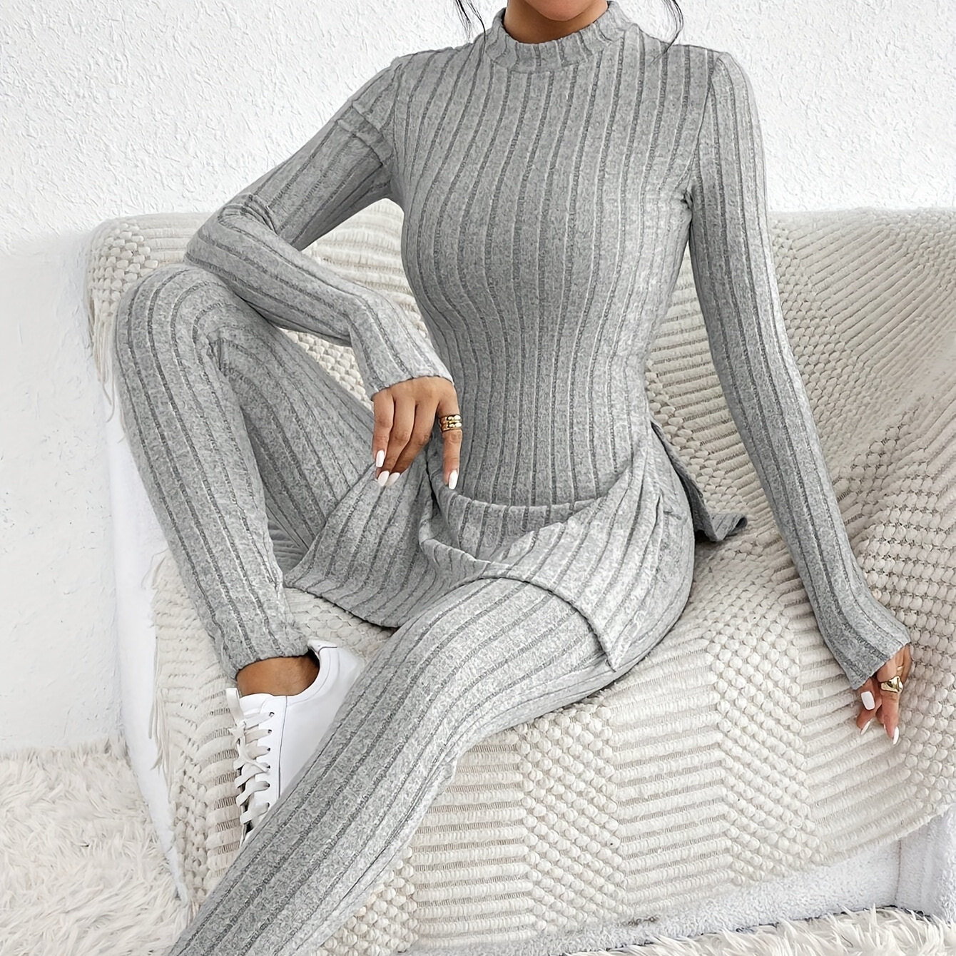 

Ribbed Two- Set, Long Top & Leg Pants Outfits, Women's Clothing
